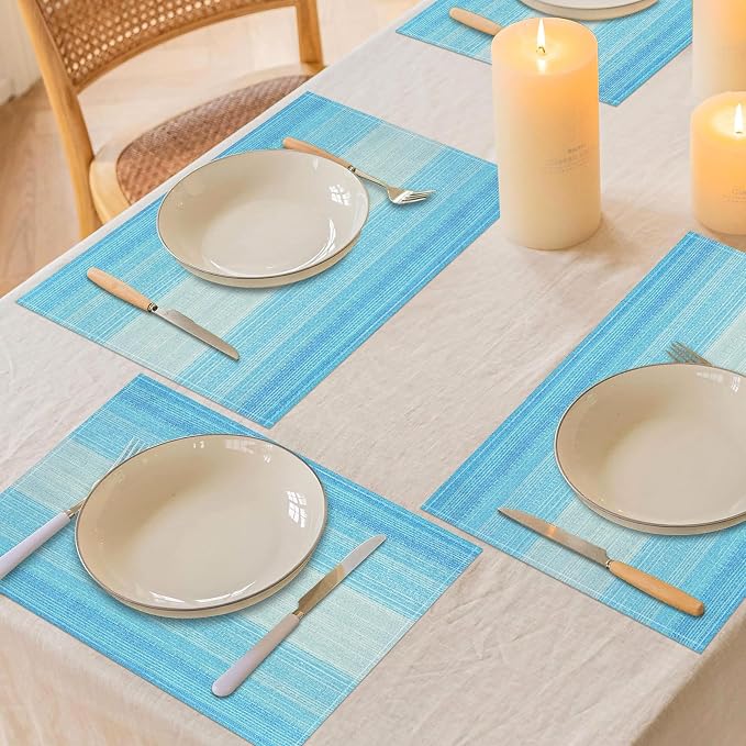 Blue Placemats Set of 12, 12x18 Inch Washable Easy to Clean Heat-Resistant Anti-Skid Table Mats for Holiday Party Kitchen Dining Room Decoration