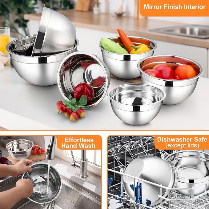 LIANYU Mixing Bowls with Visible Lid Sets, Size 7, 3.5, 2.5, 2, 1.5, 1QT | Large Stainless Steel Cooking Bowls, Nesting Metal Serving Bowl for Kitchen, Baking, Storage, Food Prepping, Multi-Color