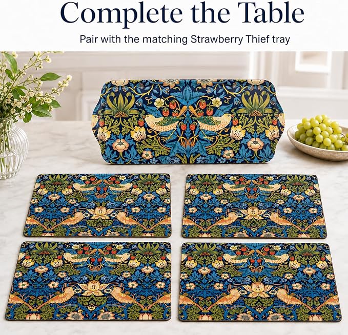 Pimpernel Morris & Co Strawberry Thief Blue Placemats, Set of 4 - Stain Resistant & Heat Safe Fabric-Feel Table Mats with Birds & Botanical Pattern for Stylish Dining & Entertaining