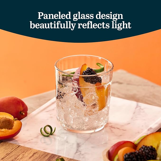 Libbey Paneled Double Old Fashioned Glasses, 11.2 Oz Fine Ribbed Line Whiskey Drinking Glasses, Dishwasher Safe Rocks Glass Set for Spirits, Cocktails