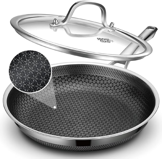 SNOWCLAD Frying Pan with Lid, 10 Inch Hybrid Non Stick Stainless Steel Skillets, Dishwasher Induction Oven Broiler Safe, Non Toxic Chef's Pan, PFOA Free Cookware