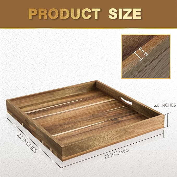 Extra Large Ottoman Tray, 22" Square Acacia Wood Tray with Handles | Farmhouse Wooden Decorative Trays, Oversized Coffee Table Tray, Serving Platter Tray for Living Room, Countertop, Charcuterie
