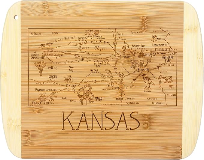 Totally Bamboo A Slice of Life Kansas Engraved Map Cutting Board | 11” x 8.75” charcuterie board with engraved state map artwork. Smooth reverse side for food prep. Hang tie for wall display.