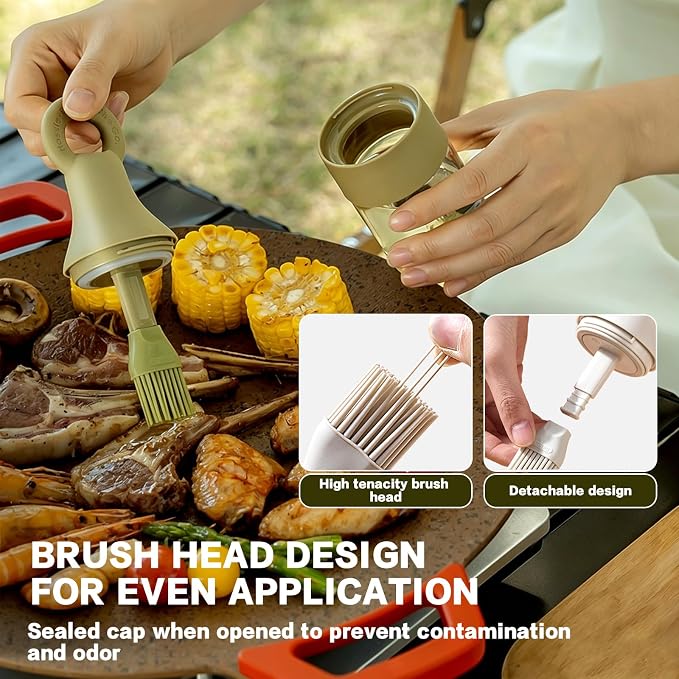 MMJ 2 in 1 Oil Brush Bottle with Silicone Basting Brush, Oil Dispenser for Kitchen, Leak Proof Glass Kitchen Accessories for Cooking, BBQ, Grilling, Vinegar, Sauce, Olive(White+Green)