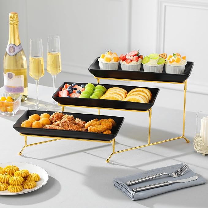 MALACASA 3 Tier Serving Trays for Party, 12 Inch Porcelain Black Trays for Serving Food, Dessert Stand with Collapsible Gold Metal Rack | Tiered Serving Stand for Party, Fruit Tray, Trays for Serving Food, Dessert Stand with Collapsible Sturdier Gold M...