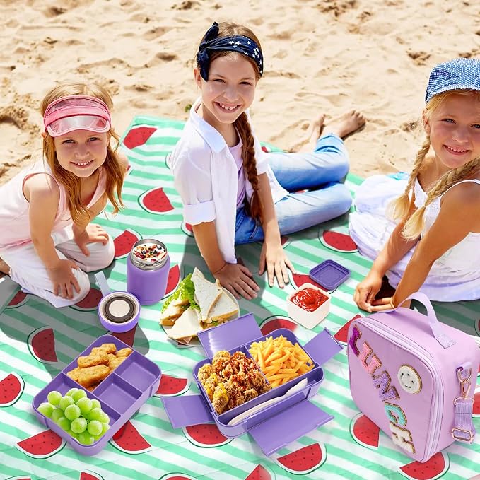 Preppy Lunch Box for Girls with 10oz Thermo, with 6 Compartment Bento Box, Purple Nylon Insulated Lunch Bag Adjustable Strap for Girl Kids Teens School Travel Picnic | Nylon Insulated Lunch Bag with Adjustable Strap, Ideal for Kids Teens School, Travel...
