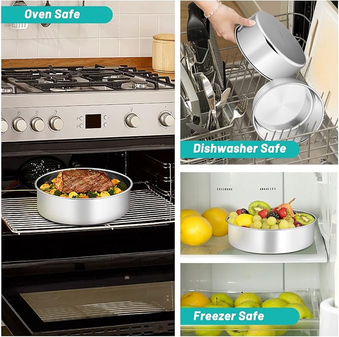 TeamFar 9 Inch Cake Pan, 9½” x 3” Stainless Steel Round Baking Pan Set of 2 | Layer Cake Baking Tins for Wedding Birthday Party, Non-Toxic, Heavy Duty, Deep Straight Side, Mirror Finish, Dishwasher Safe