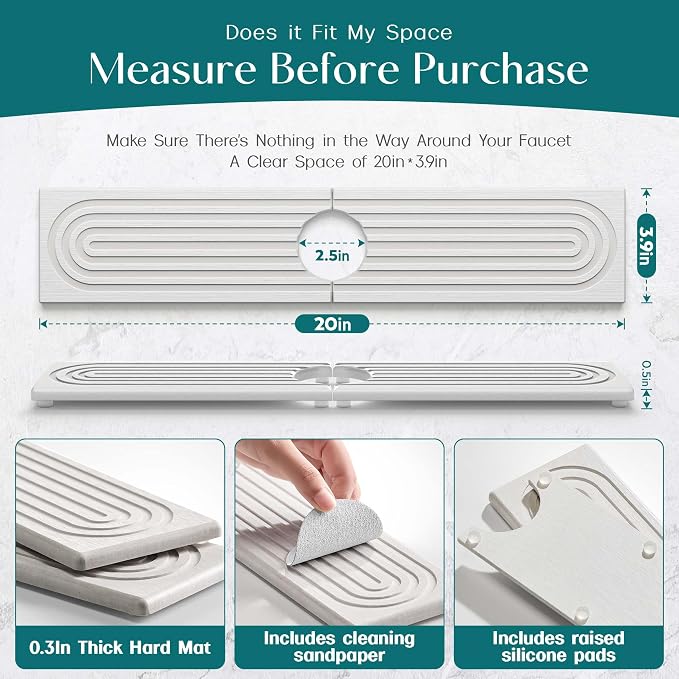 Stone Faucet Mat for Kitchen Sink – Diatomite Drying Stone Mat & Sink Protector, Prevents Moisture – Sink Splash Guard Water-Absorbing Stone Tray for Bathroom Counter (Light Grey, 20" x 3.9")