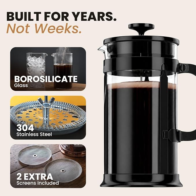 EzDtach French Press Coffee Maker 34oz Black – Borosilicate Glass Pot | 304 Grade Stainless Steel French Press, Double Filter and 2 Extra Screens for Rich, Full-Bodied Flavor at Home or Office