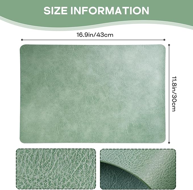 Faux Leather Placemats Set of 6 Heat Resistant Table Mats 17×12 Inch | Waterproof & Wipeable Place Mats Set of 6 Dual Sided Table Placemats for Kitchen Dining Indoor & Outdoor 43×30 CM Sage Green