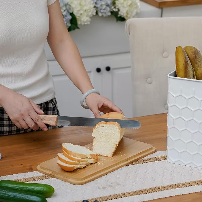 Extra Large Honeycomb Embossed Bread Box with Bamboo Lid | Corner Breadbox for Homemade Bread, White Metal Bread Storage Container Bin for Kitchen Countertop, Fits 2 Loaves of Bread