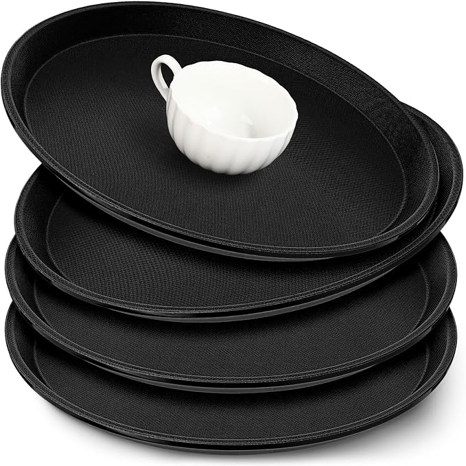 Zopeal 4 Pcs Bar Service Tray Round Plastic Non Slip,14" | For Waiter Server in Restaurant Cafeteria Bar, Raised Edges Prevent Spills, Cocktail Food Server, Textured Surface Grip