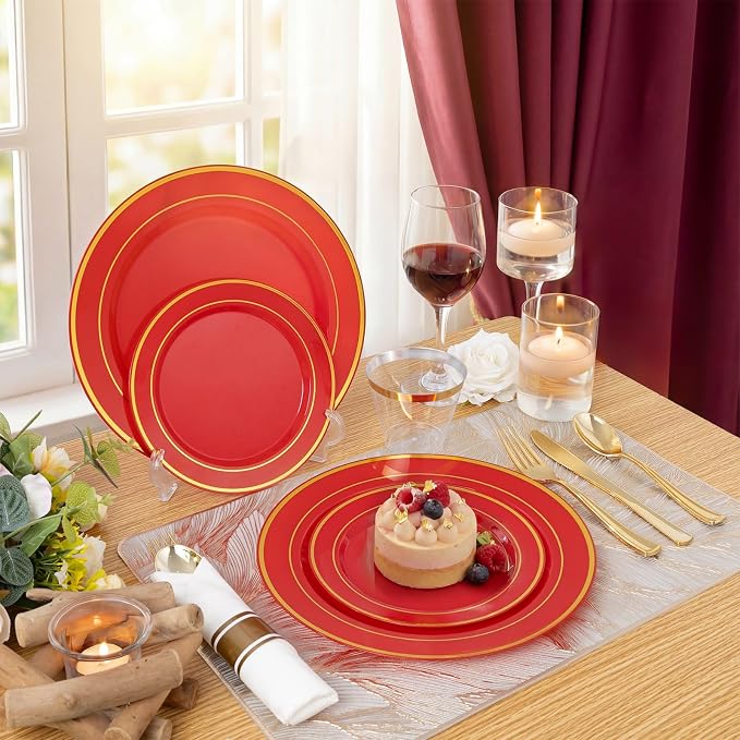 350Pieces Red Plastic Plates with Gold Rim Include 50Dinner Plate 10inch 50Dessert Plate 7inch 50 gold Cups 9 OZ, 50 Pre Rolled Napkins for Wedding/Birthday/Christmas/Party