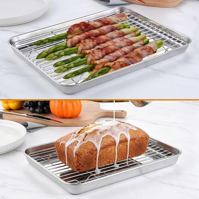 Homikit Baking Sheet with Wire Rack Set (3 Pans + 3 Racks), 16/12/9 Inches | Stainless Steel Sheet Pans with Cooling Racks for Oven, Heavy Duty Metal Cookie Bacon Baking Trays Non Toxic, Dishwasher Safe