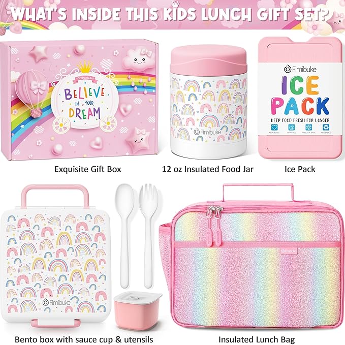 Fimibuke Kids Bento Snack Lunch Box with Thermo Insulated Toddler Lunch Bag | Lunch Box Kids with 4 Compartment, Food Jar, Ice Pack, Utensils, Birthday Gifts for Ages 3-12 Back to School Toddler Girl Boy