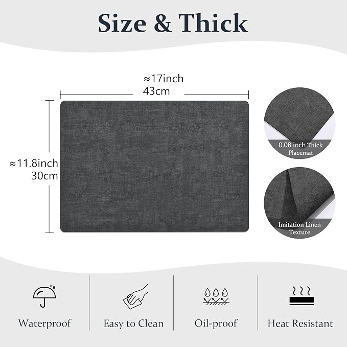 FROMHEART Faux Leather PU Placemats Set of 4 (Dark Grey,11.8" x 17") | Waterproof,Heat/Oil Stain-Resistant Table Mat–Reversible,Non-Slip,Easy to Clean Place Mats for Kitchen,Dining,Indoor/Outdoor