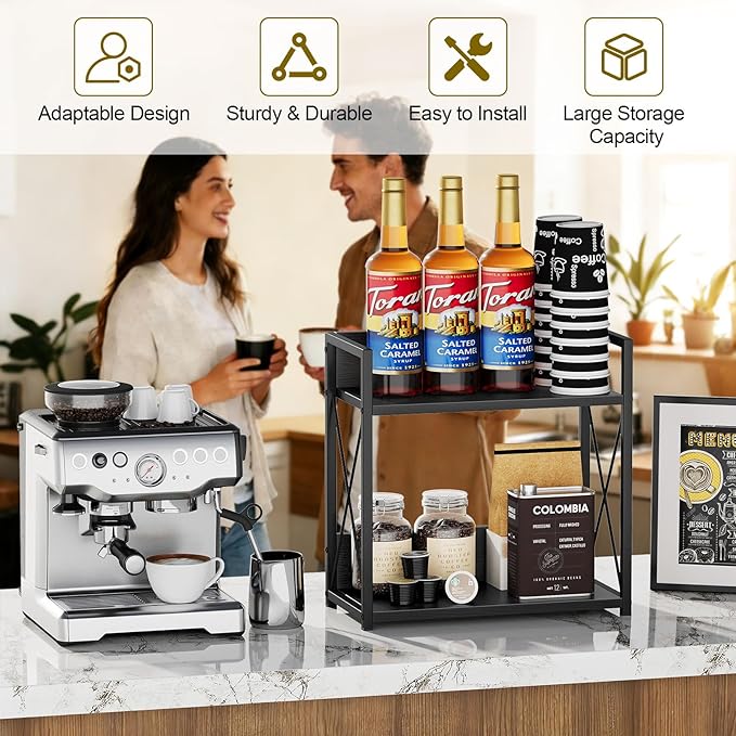 Giikin Kitchen Countertop Organizer, 2 Tier Coffee Bar Organizer, Black Spice Rack for Counter, Kitchen Counter Shelves, Particleboard,15.8" L x 7.9" W x 15.8" H (Black, L)
