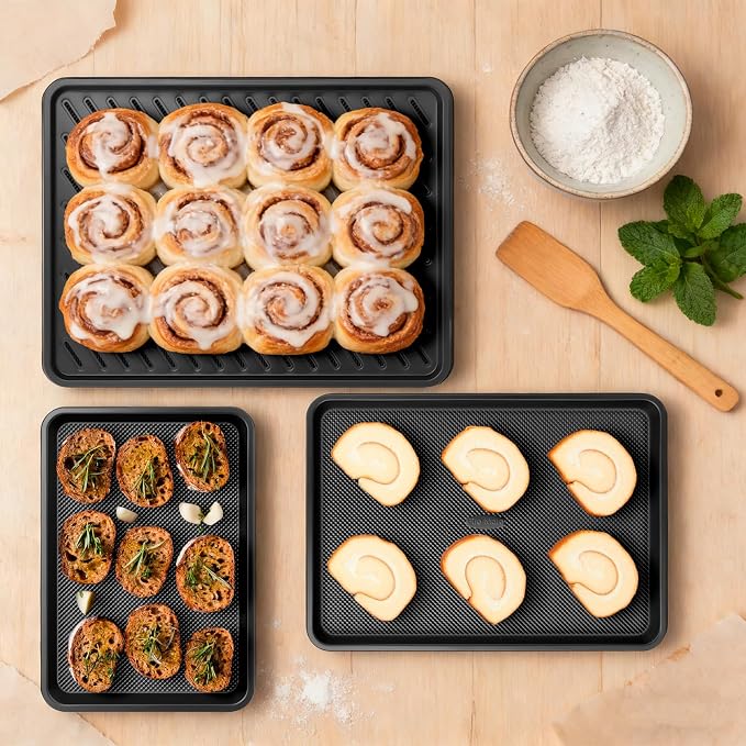 Nonstick Baking Sheet Set with Cooling Rack, 4-Piece Cookie Sheets for Baking, 0.8mm Heavy Duty Carbon Steel Oven Pans, Ceramic Coated Half Sheet, Jelly Roll Pan & Quarter Sheet, PFOA/PTFE Free