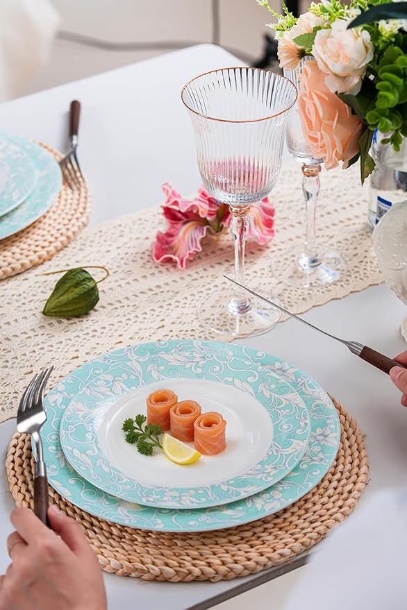 FHGNYSM 12-Piece Porelain Dinnerware Set, Light Green | 12-Piece Plates and Bowls set, Chip and Scratch Resistant, Microwave Safe, Dishwasher Safe, Home Restaurant Use
