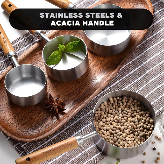 SHIKORI Measuring Cups and Spoons Set with Wood Handles 8-Pieces | Premium Stainless Steel Measuring Spoons and Measuring Cups Set,Engraved Marks Never Fade,for Baking,Cooking(Silver)