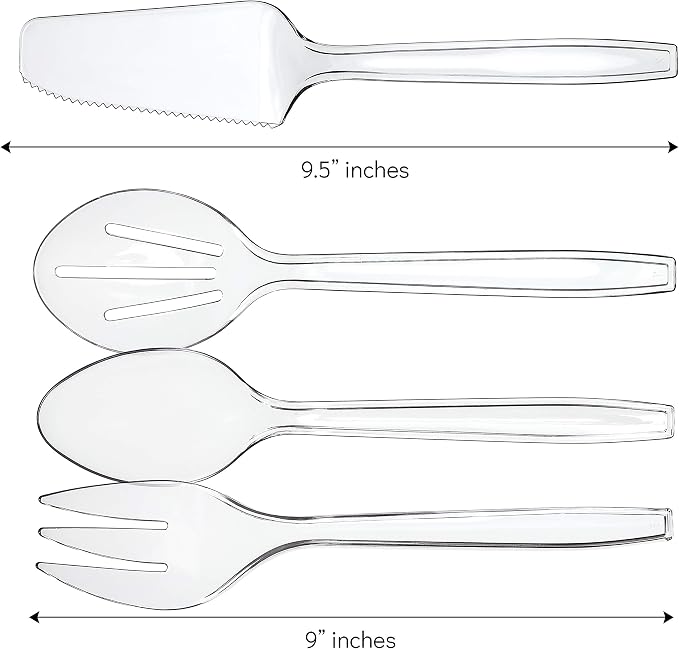 Plasticpro Disposable Plastic Serving Utensils Set of 12, 3 Spoons, 3 Forks 3 Knives, 3 Sifting Spoons, Clear Heavyweight