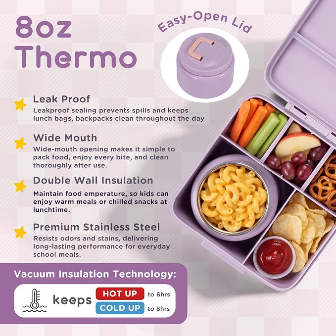 Bento Lunch Box for Kids with 8oz Thermo Containers for School,Camping | Vacuum Insulated Food Jar,Leakproof Silicone-Seal,5 Compartments with Dividers,Dishwasher & Refrigerator Safe,BPA-Free