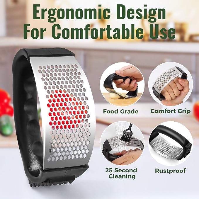 Pomyter Garlic Press Rocker, Stainless Steel Garlic Mincer and Garlic Crusher, Easy-Squeeze Garlic Tool with Peeler and Cleaning Brush for Smashing Garlic