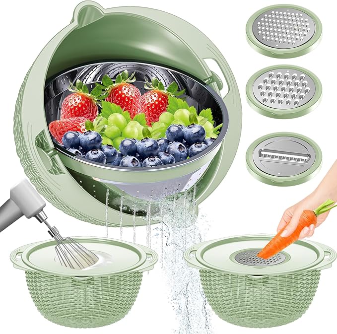 4-1 Colander with Fruit Bowl Set - Colander for Kitchen, Rotatable Strainers and Colanders(Patented), Pasta Strainer with New Upgraded Graters for Fruit, Veggie, Aesthetic Kitchen Essentials - Green