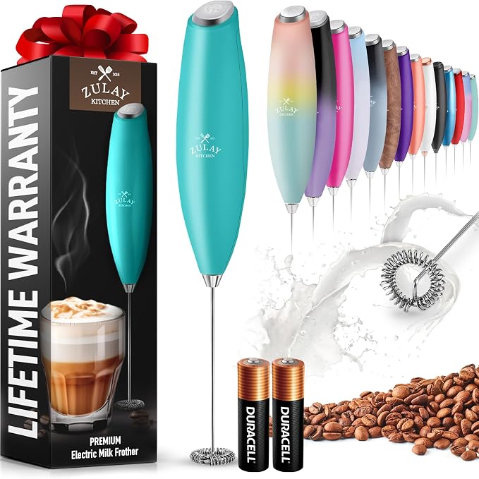 Zulay Powerful Milk Frother for Coffee with Upgraded Titanium Motor - Handheld Electric Whisk, Milk Foamer, Mini Mixer & Coffee Blender for Frappe, Latte, Matcha, No Stand - Pacific Aqua