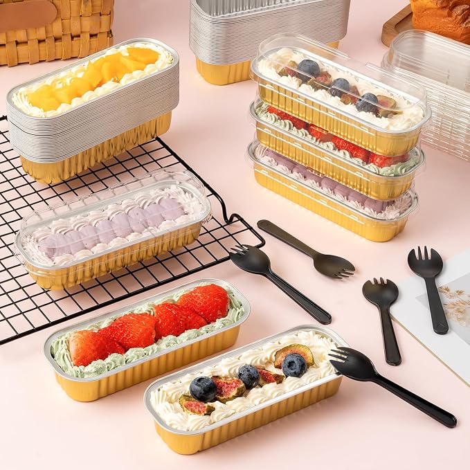 60Pcs Aluminum Min Foil Bakingi Loaf Pans with Lids and Spoons | Rectangle Mini Cake Pan,Brownie Baking Cups for Picnics Party (Gold)