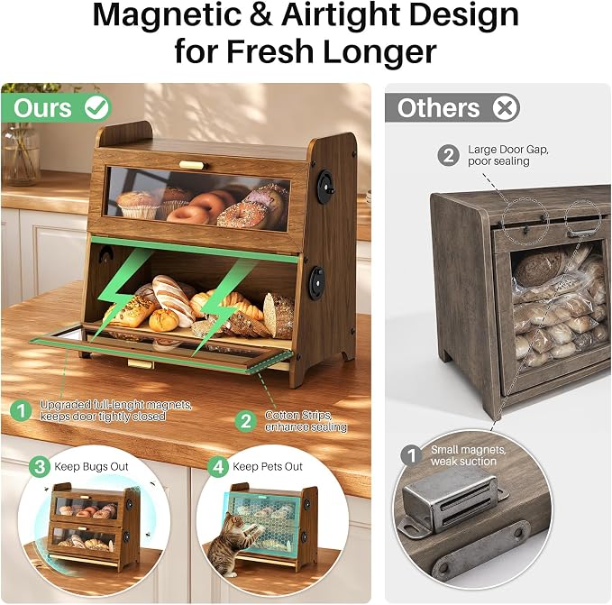SNTD 2 Tier Bread Box for Kitchen Countertop, Adjustable Ventilation, Brown | Bamboo Cutting Board, Airtight Design, See-Through Magnetic Door, Bread Storage Container for Homemade Bread, Multi-purpose