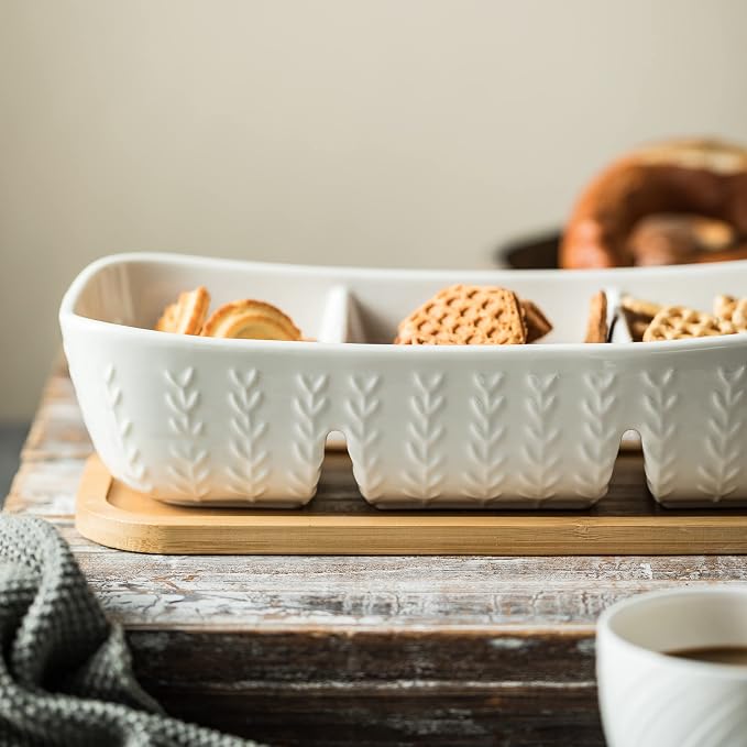 Miamolo Chip and Dip Set Bowl with Divided Serving Tray, Hosting Essentials | Acacia Wood Tray, Ceramic Serving Bowls | Condiment Tray for Dipping Sauces, Party | Kitchen Counter Decor, Microwave Safe