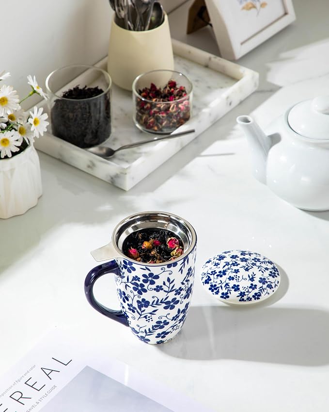 vancasso SELENE Porcelain Tea Mug, 18 oz Porcelain Tea Cup with Infuser and Lid Steeps Loose Leaf Tea, Microwave & Dishwasher Safe, Five-Leaf Clover