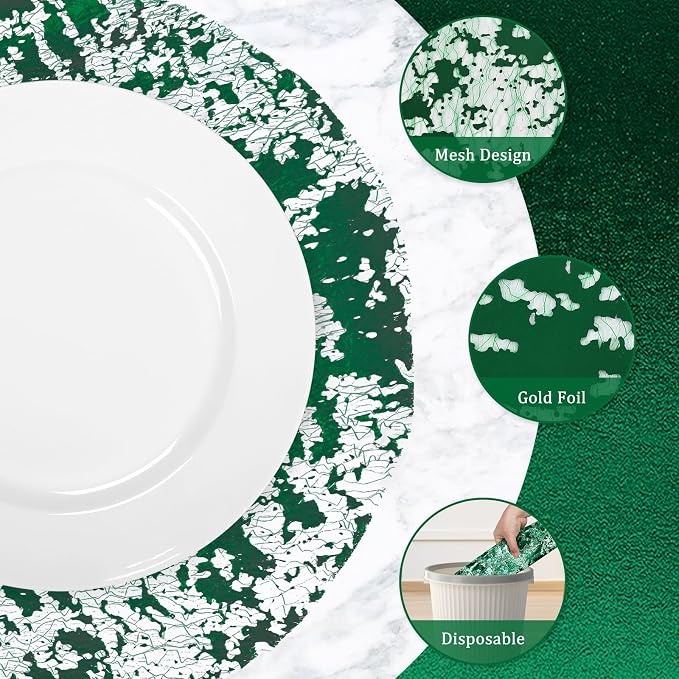 comfoyar Disposable Green Placemats Set of 50, Metallic Round 13 Inch Foil Mesh Pressed Doilies Place Mats, Table Mats for Dining Party Weddings Birthday Holiday Kitchen Home, Tableware Decoration