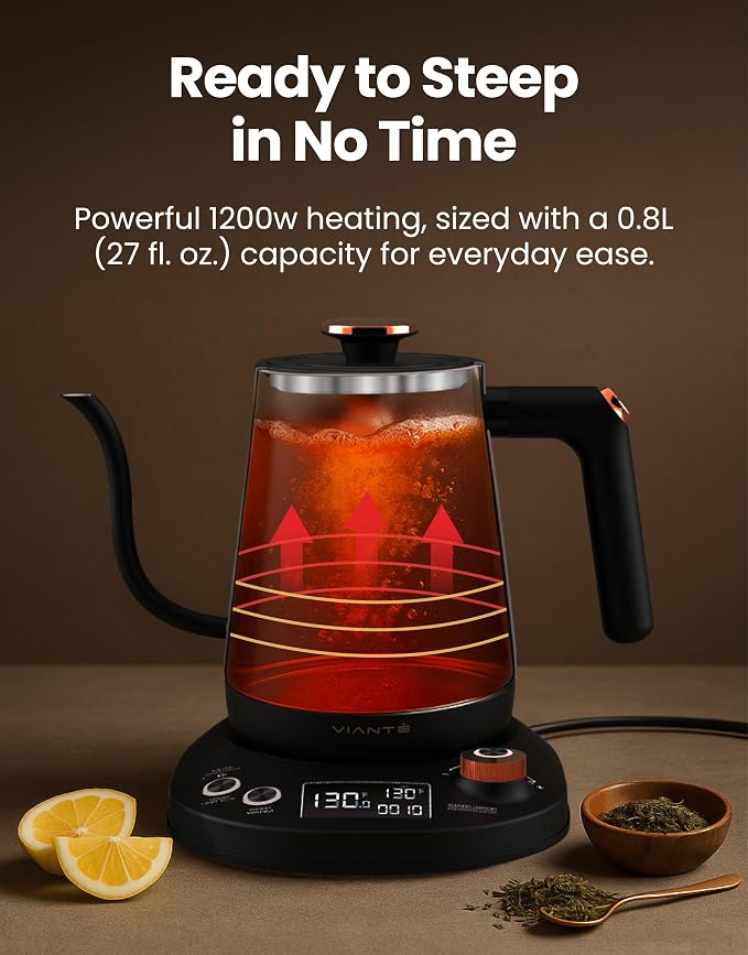 Viante Electric Gooseneck Kettle 0.8L, Pour Over Coffee & Tea, Temp Control | Boil-dry protection, keep-warm function, BPA-free stainless steel body. Includes #2 coffee filters