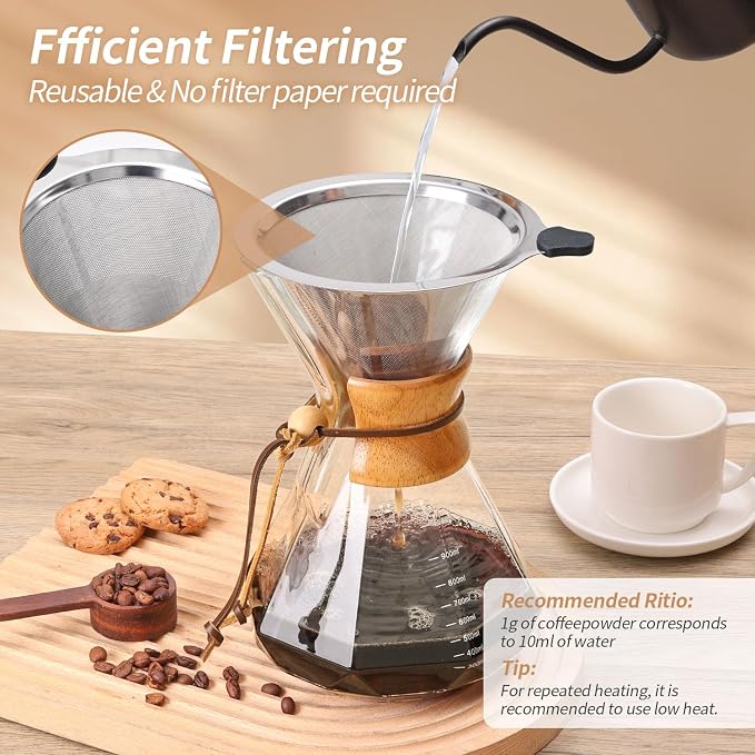 Pour Over Coffee Maker 34 OZ, 10 Cup Borosilicate Glass Drip Coffee Maker with Reusable Stainless Steel Filter and Cork Grip for Home Café 1000 ML (Diamond Shape)