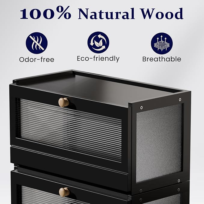 Stackable Bread Box for Kitchen Countertop, 2 Tier Bamboo Bread Storage Container Holder Bin for Baked Goods Snacks Farmhouse Breadbox with Acrylic Window for Pantry Cabinet Cupboard, Black