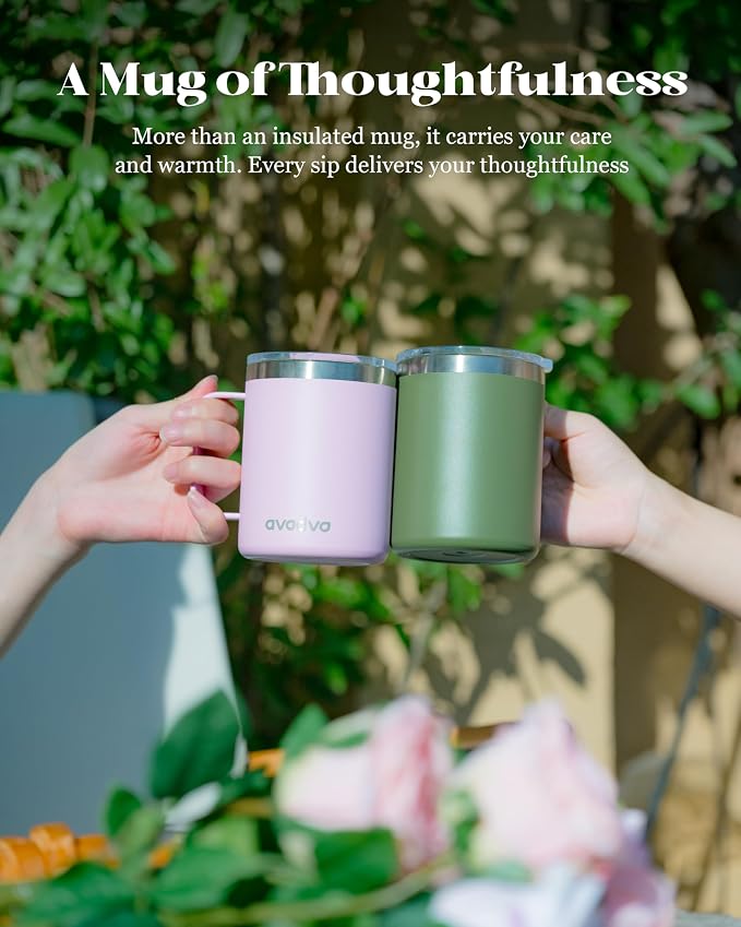 12oz Insulated Coffee Mug with Lid – Includes Two Lids, Stainless Steel Coffee Travel Mug with Handle, Double Wall Vacuum Insulated Camping Mug for Home, Office & Outdoor, Army Green