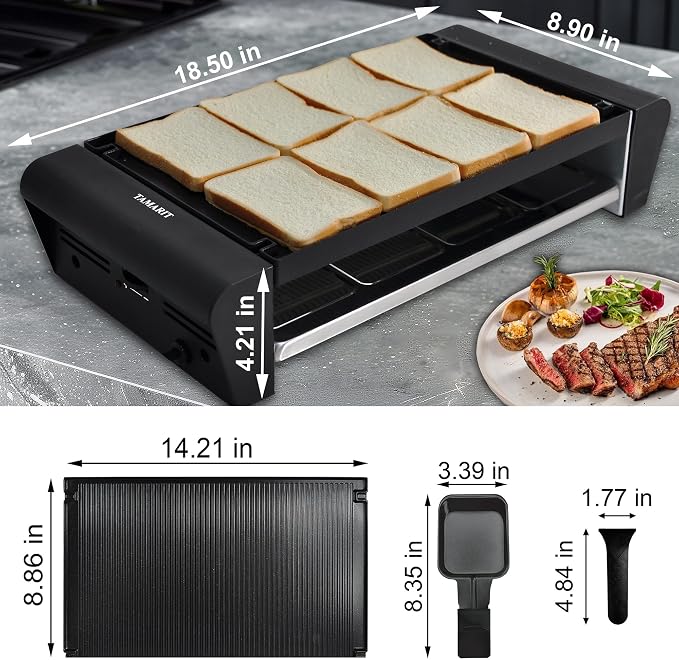 TAMARIT Raclette Table Grill for 8, Electric 1300W | Raclette grill, 8 cheese trays, reversible nonstick plate, 14.2 x 8.8 in