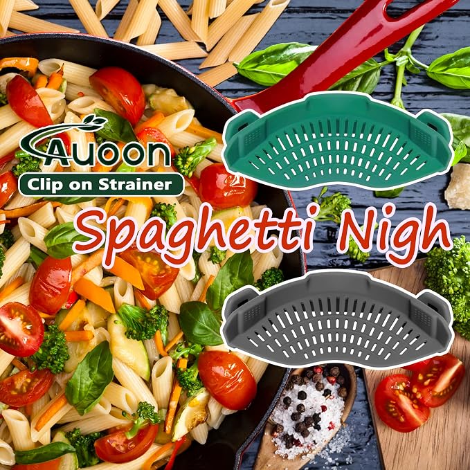AUOON Clip On Strainer Silicone for Pots, Standard 8.86 x 3.55in, Sea Blue | Food-grade BPA-free, Fits Pots Pans Bowls, Dishwasher Safe, for Pasta Noodles Vegetable Fruits, Space-saving Kitchen Gadget