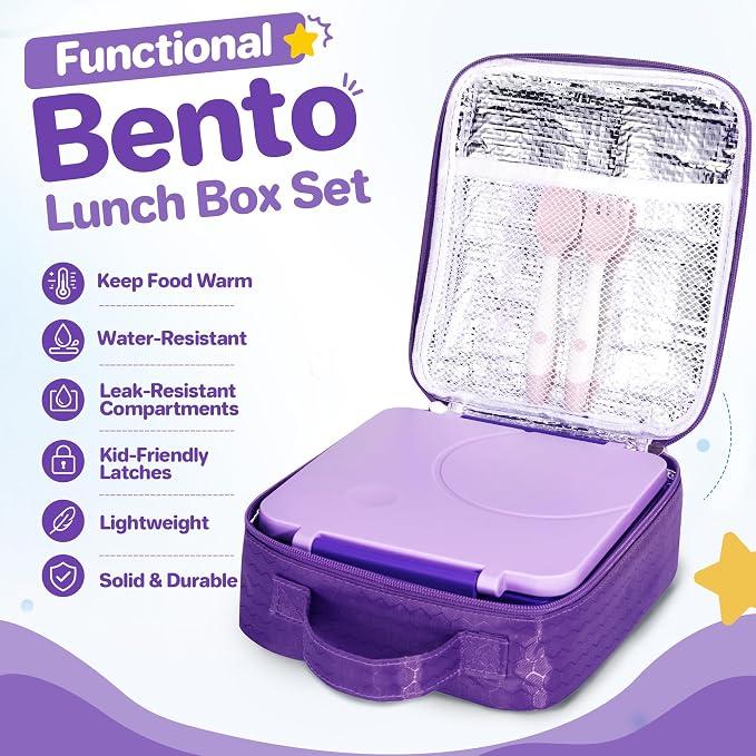 Bento Lunch Box Set for Kids with 8oz Soup Thermo, Leak-Proof Lunch Containers with 4 Compartment, Kids Thermo Hot Food Jar and Insulated Lunch Bag for Kid to School-Purple