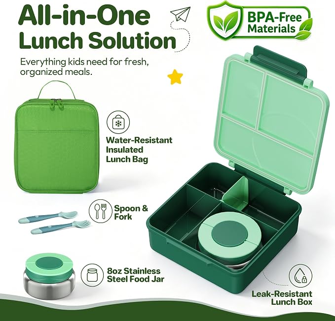 Bento Lunch Box Set for Kids with 8oz Soup Thermo, Leak-Proof Lunch Containers with 4 Compartment, Kids Thermo Hot Food Jar and Insulated Lunch Bag for Kid to School-Green