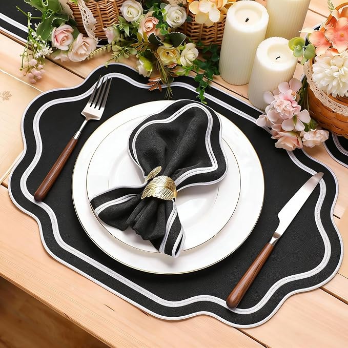 6 Pcs Black Wedding Placemats Scalloped Embroidered Cotton Linen Placemats 17" x 13" Double Layered Machine Washable Table Place Mat for Party Table Decor (White,Cotton)