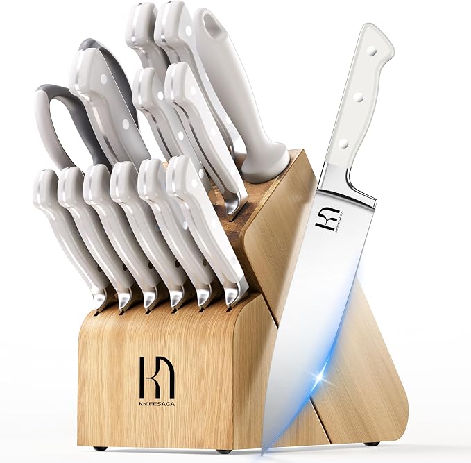 KnifeSaga Japanese Knife Set with Sharpener, Premuim, Razor Sharp, 15 Pcs | Innovative Steel, High Carbon Stainless, Enduring Sharpness, Ergonomic Handle, Quality Acacia Wood Block, Full-tang, Gift Box
