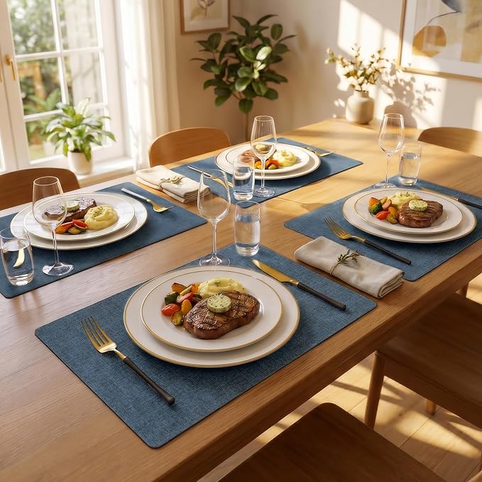 Romanstile Vinyl Placemats Set of 8-12 X 17 Inch - Faux Leather 100% Waterproof Wipeable Anti Slip Place Mats, Heat Resistant Reversible PU Table Mats for Kitchen Dining Party Outdoor, Navy Blue