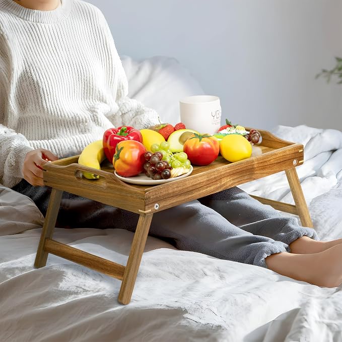 Utoplike Acacia Bed Tray for Eating, Breakfast Trays with Foldable Legs | Wood Serving Table for Sofa, Bed, with Folding Legs, Medium Size