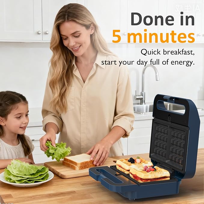 3 in 1 Electric Sandwich Maker with Removable Nonstick Plates - 1000W,Blue | for Belgian Waffle/Panini/Grill/Pancake Griddle/Breakfast,Dishwasher Safe,Cool Touch Handle,Easy to Clean & Store