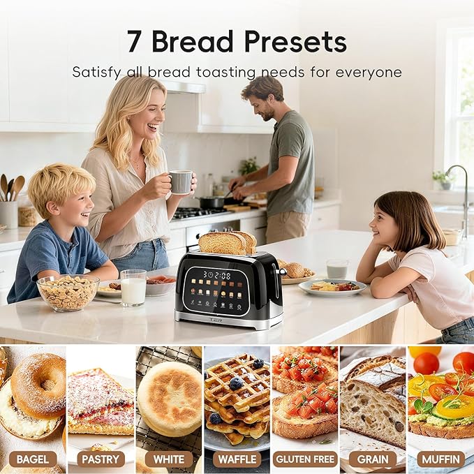 TER Touch Screen Toaster 2 Slice, 1.5" Wide Slot, Stainless Steel, Black | Smart Digital Retro Toaster for Bagel & Thick Breads, 7 Bread Modes & 7 Browning Levels, Memory Function, Defrost & Reheat