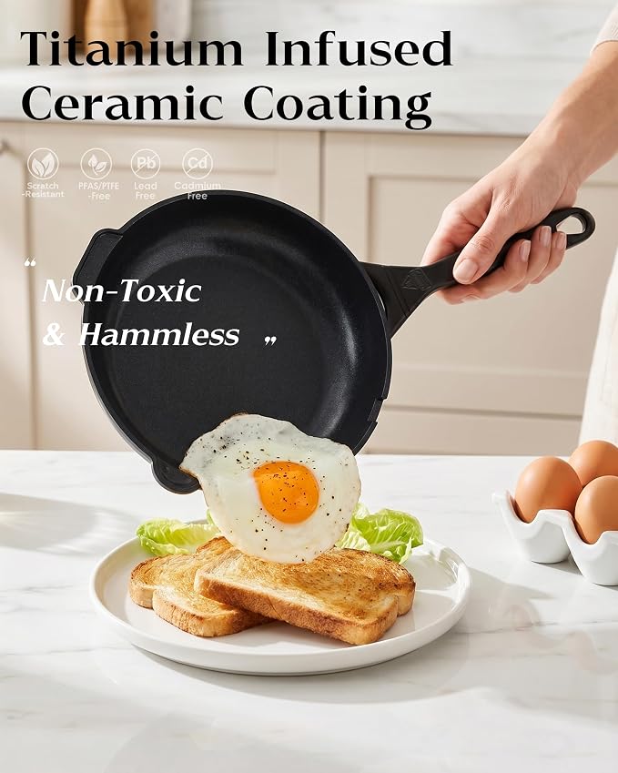 FDN 8" Ceramic Non Stick Frying Pans With Lid, Titanium Pans for Cooking, Non-Toxic PFAS-Free, Induction & Oven-Safe Cookware, Black For Daily Cooking