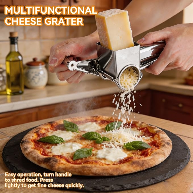 Stainless Steel Single Drum Rotary Cheese Grater, Multipurpose Rotary Cheese Grater with 3 Different Rotatable Drums for Parmesan, Mozzerella, Vegetables and More